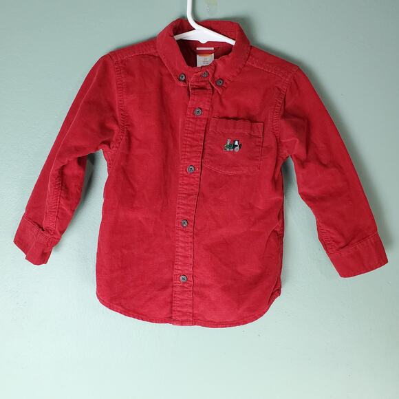 Gymboree Boys Red North Pole Express Button Down Train Corduroy Shirt Size 2T - Picture 1 of 5